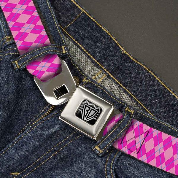 Buckle-Down BD Wings Logo CLOSE-UP Full Color Black Silver Seatbelt Belt - Argyle Pink/Fuchsia/Blue Webbing