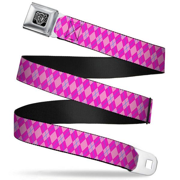 Buckle-Down BD Wings Logo CLOSE-UP Full Color Black Silver Seatbelt Belt - Argyle Pink/Fuchsia/Blue Webbing