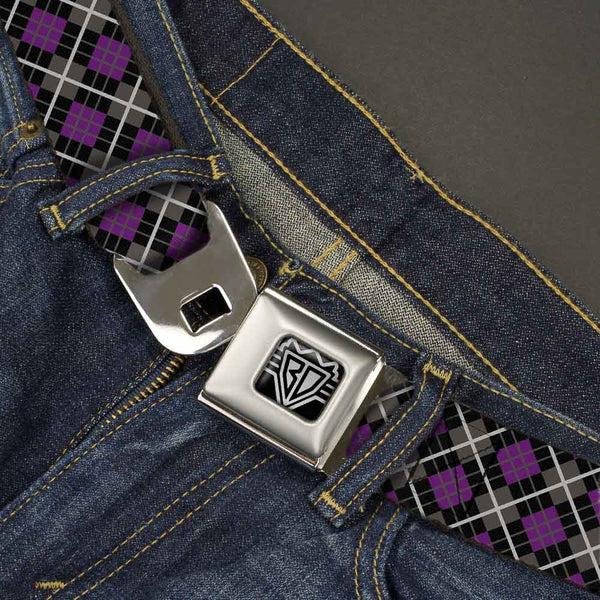 Buckle-Down BD Wings Logo CLOSE-UP Full Color Black Silver Seatbelt Belt - Argyle Black/Gray/Purple Webbing