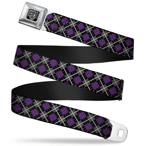 Buckle-Down BD Wings Logo CLOSE-UP Full Color Black Silver Seatbelt Belt - Argyle Black/Gray/Purple Webbing