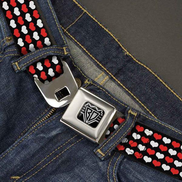 Buckle-Down BD Wings Logo CLOSE-UP Full Color Black Silver Seatbelt Belt - Mini Hearts Black/Red/White Webbing