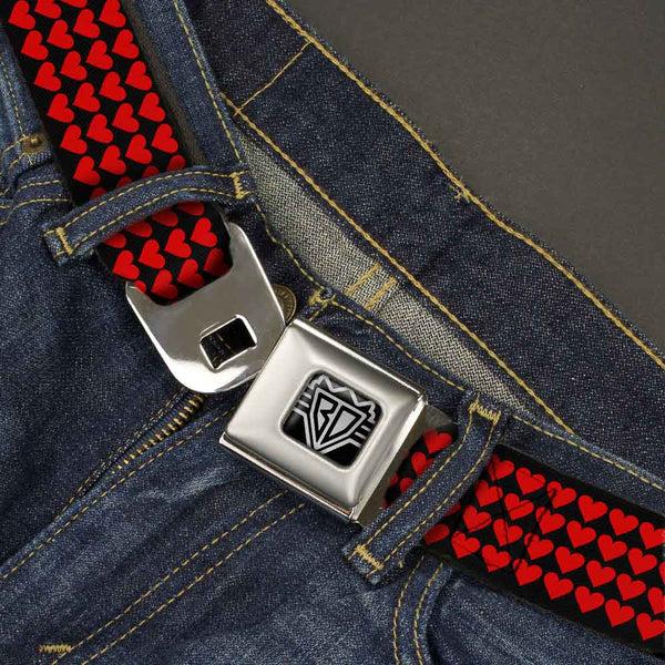 Buckle-Down BD Wings Logo CLOSE-UP Full Color Black Silver Seatbelt Belt - Mini Hearts Black/Red Webbing