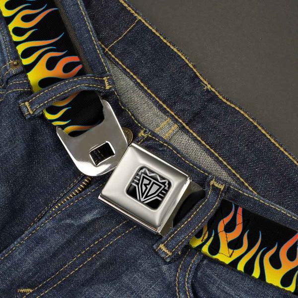 Buckle-Down BD Wings Logo CLOSE-UP Full Color Black Silver Seatbelt Belt - Flames Black/Yellow/Orange Webbing