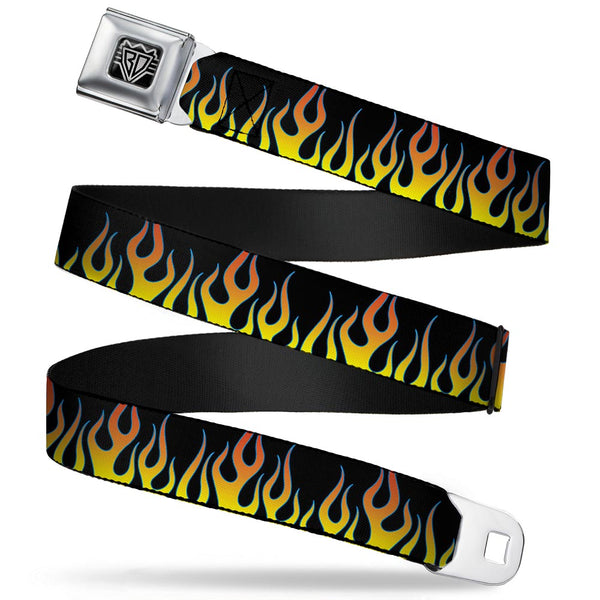 Buckle-Down BD Wings Logo CLOSE-UP Full Color Black Silver Seatbelt Belt - Flames Black/Yellow/Orange Webbing