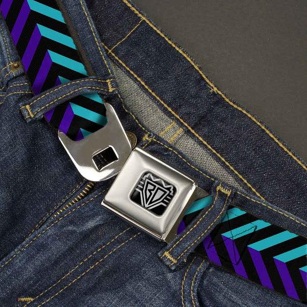 Buckle-Down BD Wings Logo CLOSE-UP Full Color Black Silver Seatbelt Belt - Chevron3 Split Turquoise/Purple/Black Webbing