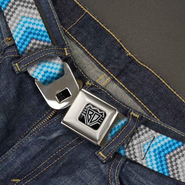 Buckle-Down BD Wings Logo CLOSE-UP Full Color Black Silver Seatbelt Belt - Chevron Weave Grays/Blues Webbing