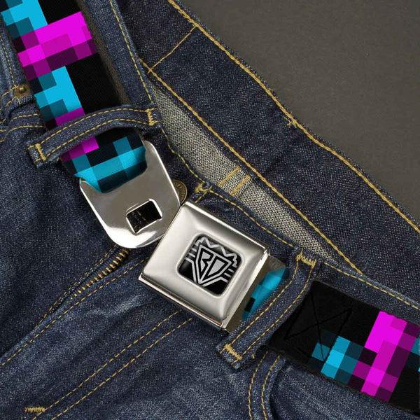 Buckle-Down BD Wings Logo CLOSE-UP Full Color Black Silver Seatbelt Belt - Pixilated Checker Black/Fuchsia/Turquoise Webbing