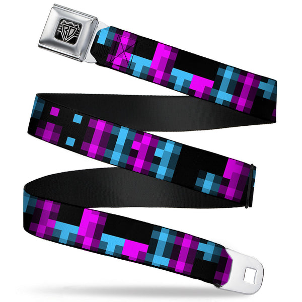 Buckle-Down BD Wings Logo CLOSE-UP Full Color Black Silver Seatbelt Belt - Pixilated Checker Black/Fuchsia/Turquoise Webbing