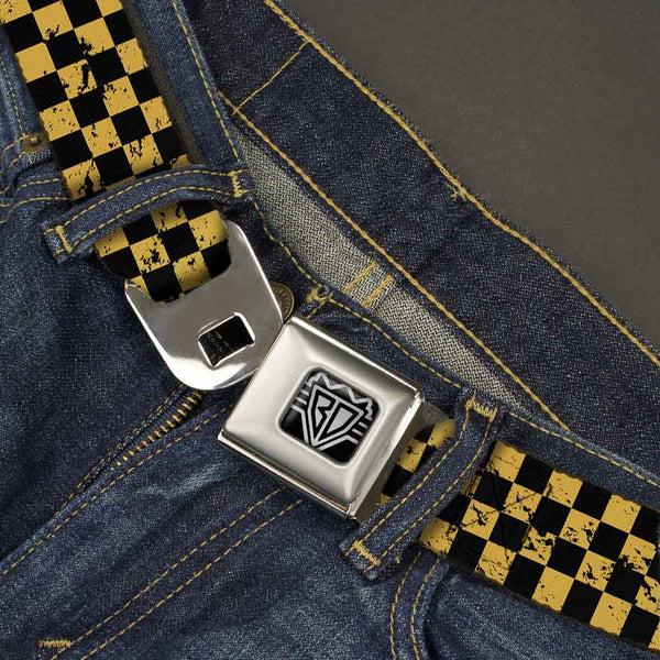 Buckle-Down BD Wings Logo CLOSE-UP Full Color Black Silver Seatbelt Belt - Checker Weathered Black/Yellow Webbing
