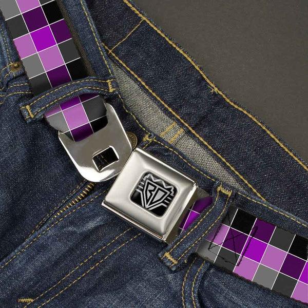 Buckle-Down BD Wings Logo CLOSE-UP Full Color Black Silver Seatbelt Belt - Checker Mosaic Purple Webbing