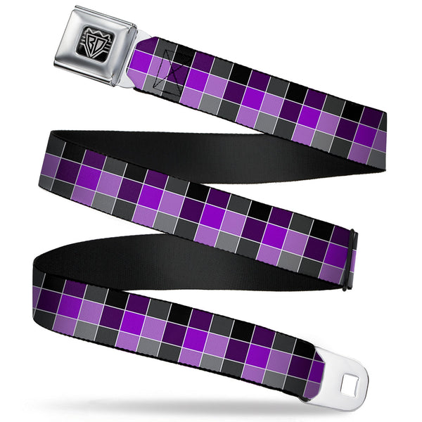Buckle-Down BD Wings Logo CLOSE-UP Full Color Black Silver Seatbelt Belt - Checker Mosaic Purple Webbing