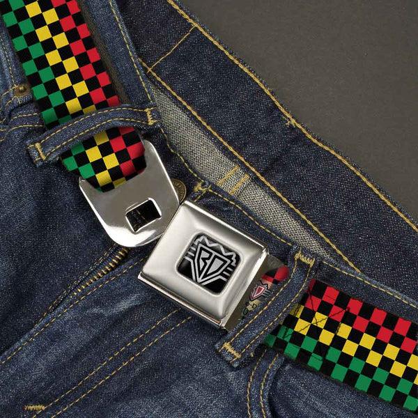 Buckle-Down BD Wings Logo CLOSE-UP Full Color Black Silver Seatbelt Belt - Checker Black/Rasta Webbing