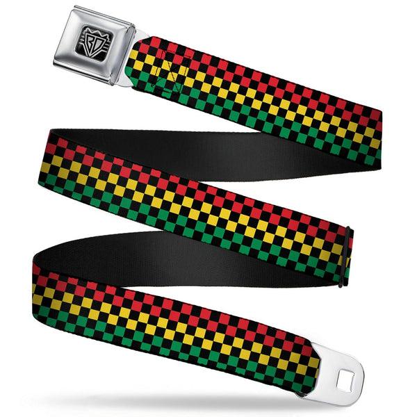 Buckle-Down BD Wings Logo CLOSE-UP Full Color Black Silver Seatbelt Belt - Checker Black/Rasta Webbing