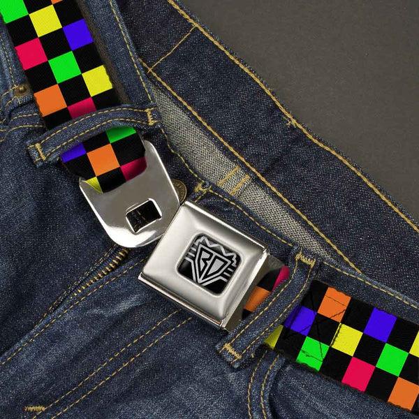 Buckle-Down BD Wings Logo CLOSE-UP Full Color Black Silver Seatbelt Belt - Checker Black/Multi Neon Webbing