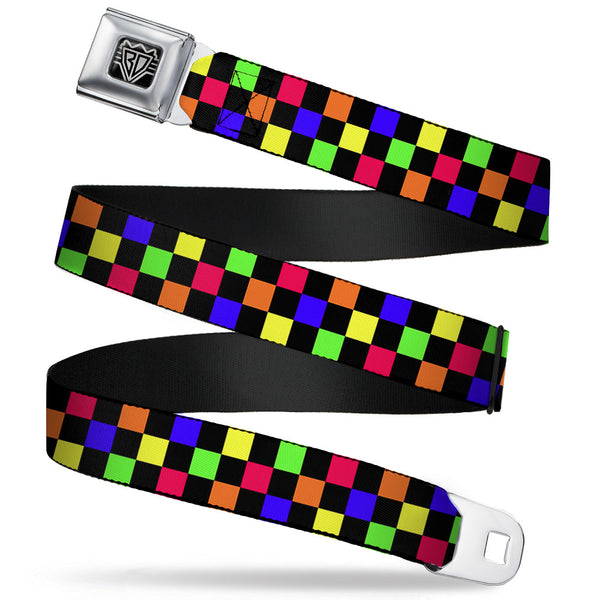 Buckle-Down BD Wings Logo CLOSE-UP Full Color Black Silver Seatbelt Belt - Checker Black/Multi Neon Webbing