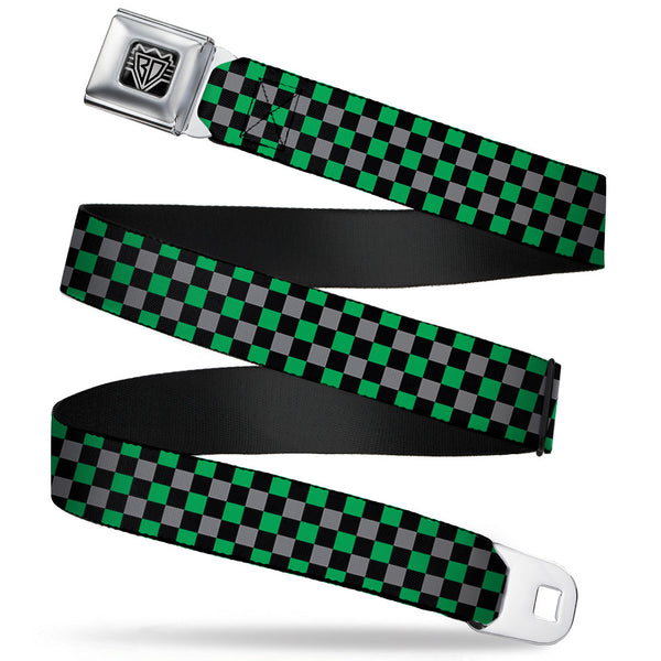 Buckle-Down BD Wings Logo CLOSE-UP Full Color Black Silver Seatbelt Belt - Mini Checker Black/Gray/3 Green Webbing