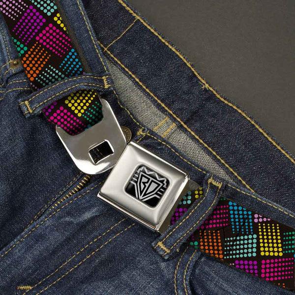 Buckle-Down BD Wings Logo CLOSE-UP Full Color Black Silver Seatbelt Belt - Halftone Blocks Charcoal/Pinks/Greens/Orange/Yellow Webbing
