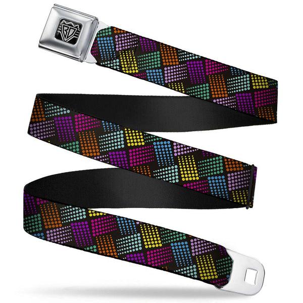 Buckle-Down BD Wings Logo CLOSE-UP Full Color Black Silver Seatbelt Belt - Halftone Blocks Charcoal/Pinks/Greens/Orange/Yellow Webbing