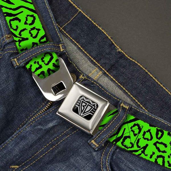 Buckle-Down BD Wings Logo CLOSE-UP Full Color Black Silver Seatbelt Belt - Cheebra Green/Black Webbing