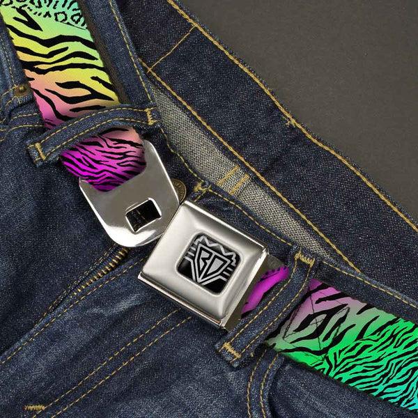 Buckle-Down BD Wings Logo CLOSE-UP Full Color Black Silver Seatbelt Belt - Animal Skins Rainbow/Black Webbing