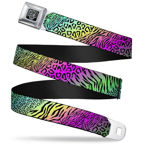 Buckle-Down BD Wings Logo CLOSE-UP Full Color Black Silver Seatbelt Belt - Animal Skins Rainbow/Black Webbing