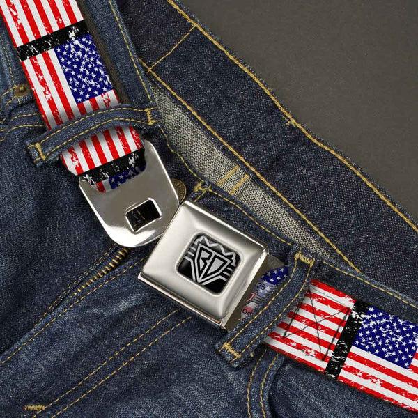 Buckle-Down BD Wings Logo CLOSE-UP Full Color Black Silver Seatbelt Belt - United States Flags Weathered/Black Webbing