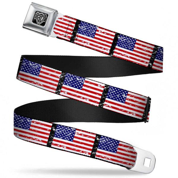Buckle-Down BD Wings Logo CLOSE-UP Full Color Black Silver Seatbelt Belt - United States Flags Weathered/Black Webbing