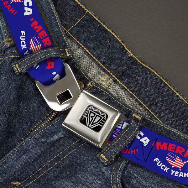 Buckle-Down BD Wings Logo CLOSE-UP Full Color Black Silver Seatbelt Belt - 'MERICA FUCK YEAH /USA Silhouette Blue/White/Red/US Flag Webbing