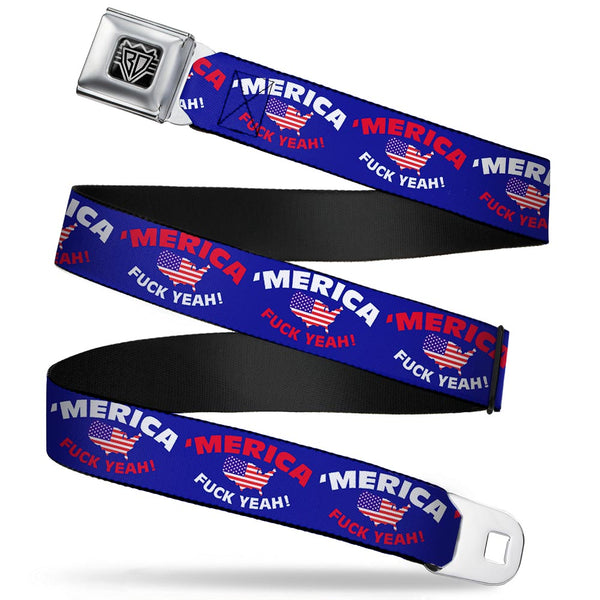 Buckle-Down BD Wings Logo CLOSE-UP Full Color Black Silver Seatbelt Belt - 'MERICA FUCK YEAH /USA Silhouette Blue/White/Red/US Flag Webbing