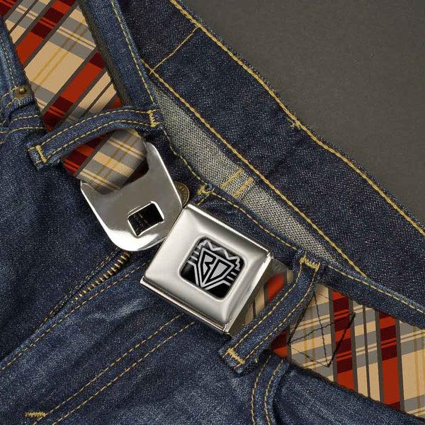 Buckle-Down BD Wings Logo CLOSE-UP Full Color Black Silver Seatbelt Belt - Americana Plaid X Webbing