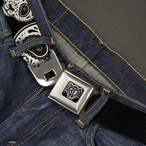 Buckle-Down BD Wings Logo CLOSE-UP Full Color Black Silver Seatbelt Belt - Panda Bear Sugar Skull CLOSE-UP Scattered Black/Cream Webbing