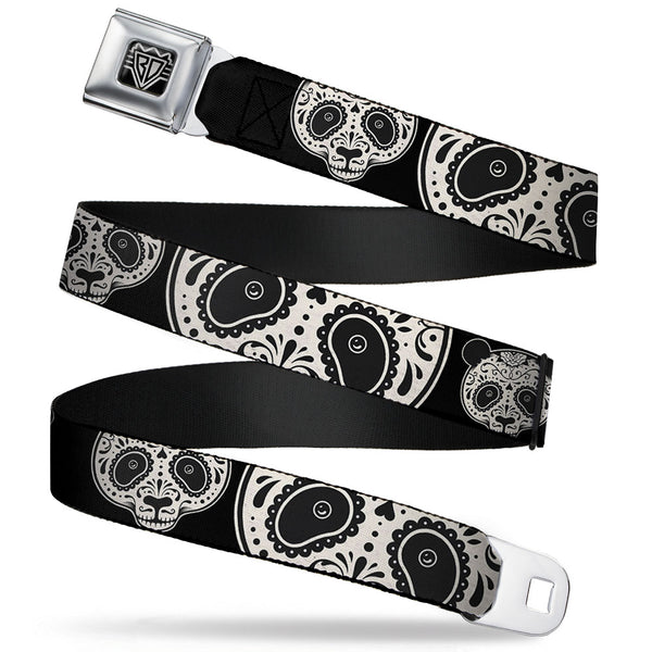 Buckle-Down BD Wings Logo CLOSE-UP Full Color Black Silver Seatbelt Belt - Panda Bear Sugar Skull CLOSE-UP Scattered Black/Cream Webbing