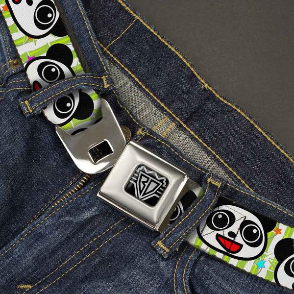 Buckle-Down BD Wings Logo CLOSE-UP Full Color Black Silver Seatbelt Belt - Panda Bear Cartoon Bamboo Webbing