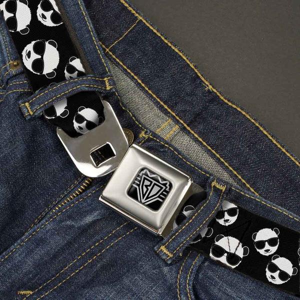 Buckle-Down BD Wings Logo CLOSE-UP Full Color Black Silver Seatbelt Belt - Multi Panda W/Sunglasses Black/White Webbing