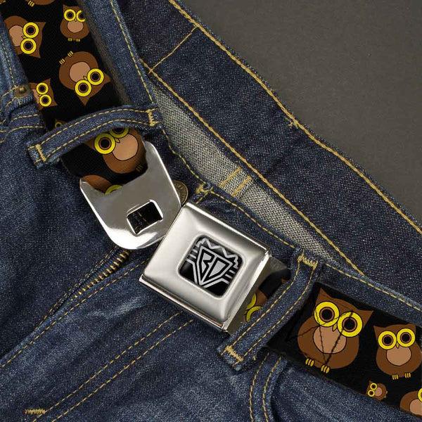 Buckle-Down BD Wings Logo CLOSE-UP Full Color Black Silver Seatbelt Belt - Owls Scattered Black/Brown/Yellow Webbing