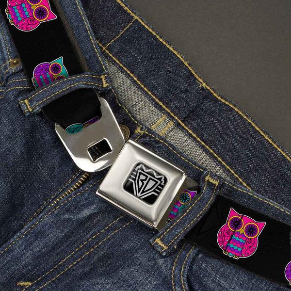 Buckle-Down BD Wings Logo CLOSE-UP Full Color Black Silver Seatbelt Belt - Owls Black/Fuchsia/Purple/Turquoise Webbing