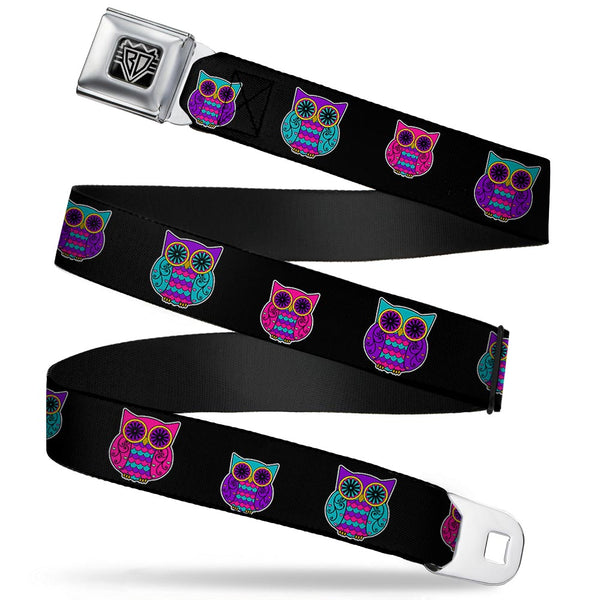 Buckle-Down BD Wings Logo CLOSE-UP Full Color Black Silver Seatbelt Belt - Owls Black/Fuchsia/Purple/Turquoise Webbing
