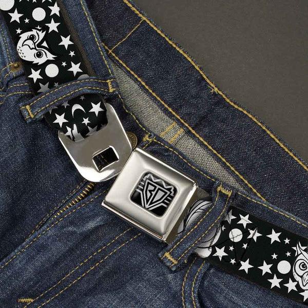 Buckle-Down BD Wings Logo CLOSE-UP Full Color Black Silver Seatbelt Belt - Owl Expressions Black/White Webbing