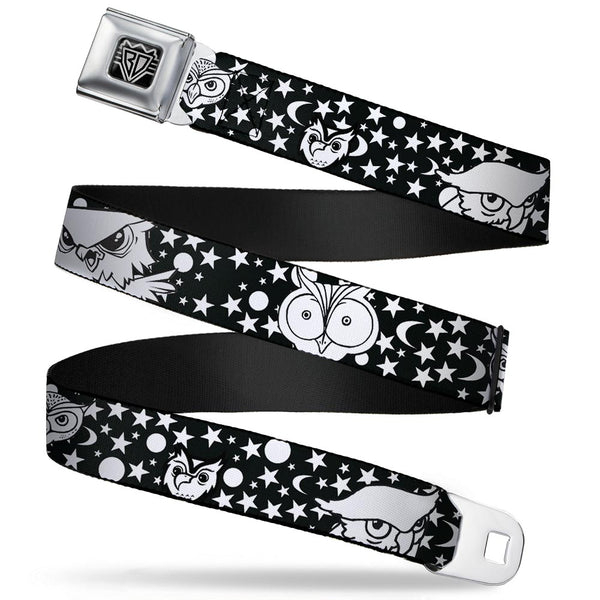 Buckle-Down BD Wings Logo CLOSE-UP Full Color Black Silver Seatbelt Belt - Owl Expressions Black/White Webbing