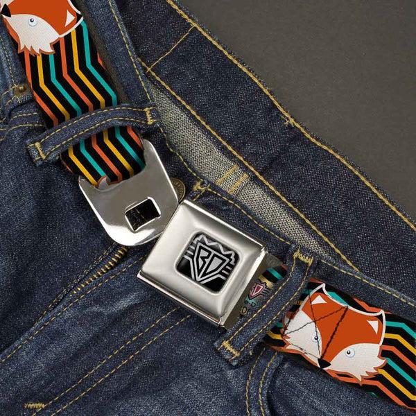 Buckle-Down BD Wings Logo CLOSE-UP Full Color Black Silver Seatbelt Belt - Fox Face/Stripes Black/Multi Color Webbing