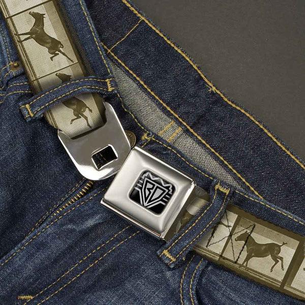 Buckle-Down BD Wings Logo CLOSE-UP Full Color Black Silver Seatbelt Belt - Bucking Donkey Vintage Film Strip Webbing