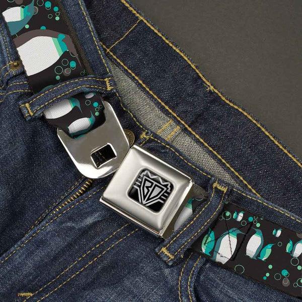 Buckle-Down BD Wings Logo CLOSE-UP Full Color Black Silver Seatbelt Belt - Emperor Penguins W/Bubbles Black/Gray/Turqs Webbing