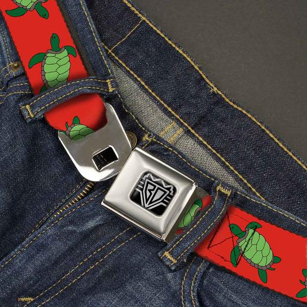 Buckle-Down BD Wings Logo CLOSE-UP Full Color Black Silver Seatbelt Belt - Sea Turtles Red/Green Webbing