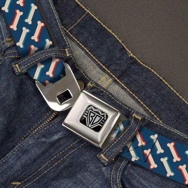 Buckle-Down BD Wings Logo CLOSE-UP Full Color Black Silver Seatbelt Belt - Bones Blue/Tan/Red Webbing