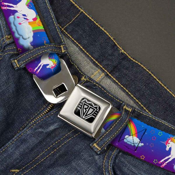 Buckle-Down BD Wings Logo CLOSE-UP Full Color Black Silver Seatbelt Belt - Unicorns/Rainbows/Stars Blue/Purple Webbing