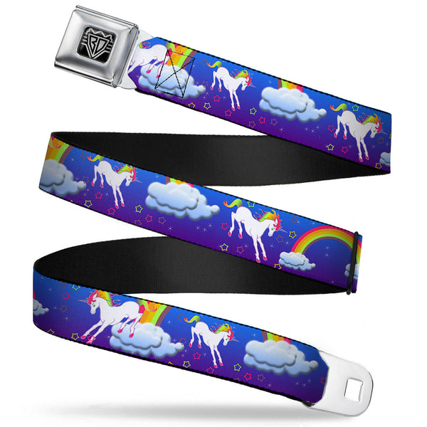 Buckle-Down BD Wings Logo CLOSE-UP Full Color Black Silver Seatbelt Belt - Unicorns/Rainbows/Stars Blue/Purple Webbing