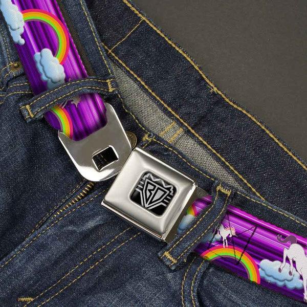 Buckle-Down BD Wings Logo CLOSE-UP Full Color Black Silver Seatbelt Belt - Unicorns/Rainbows W/Stripes Purple Webbing