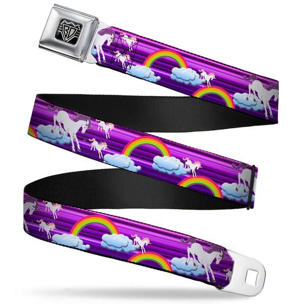 Buckle-Down BD Wings Logo CLOSE-UP Full Color Black Silver Seatbelt Belt - Unicorns/Rainbows w/Stripes Purple Webbing