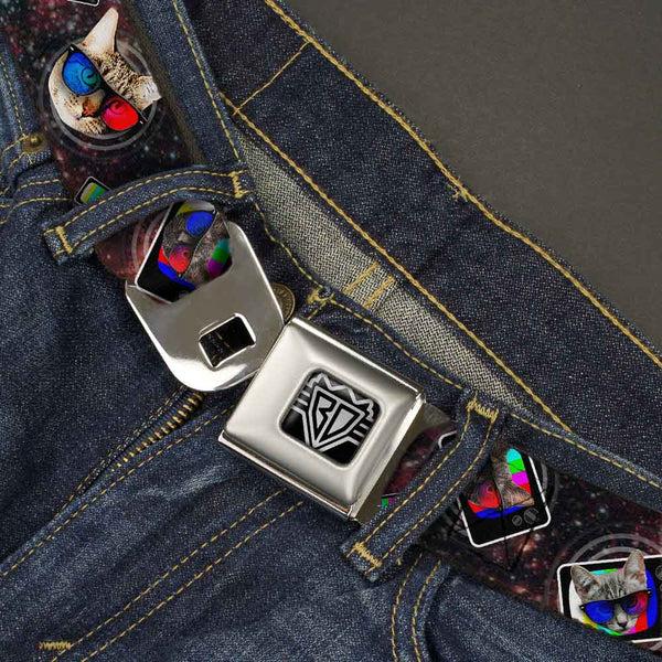 Buckle-Down BD Wings Logo CLOSE-UP Full Color Black Silver Seatbelt Belt - 3-D TV Cats In Space Webbing