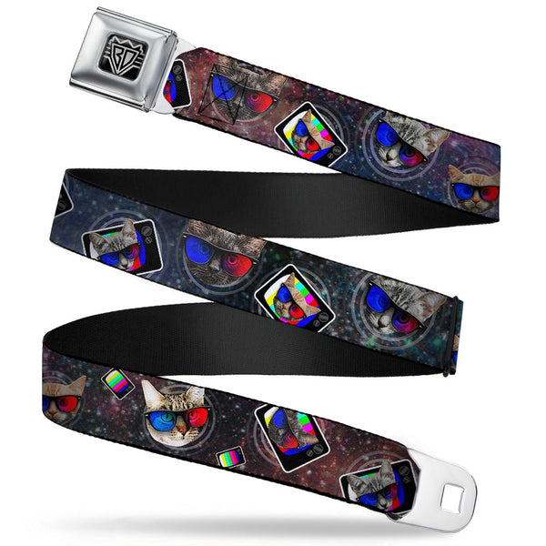 Buckle-Down BD Wings Logo CLOSE-UP Full Color Black Silver Seatbelt Belt - 3-D TV Cats in Space Webbing